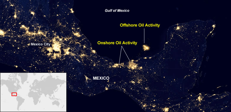 Mexico onshore and offshore oil fields from space