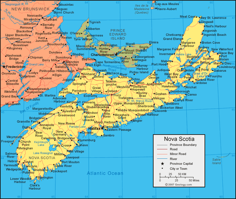 Nova Scotia Map & Satellite Image Roads, Lakes, Rivers, Cities