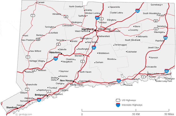 new york map of cities. map of Connecticut cities