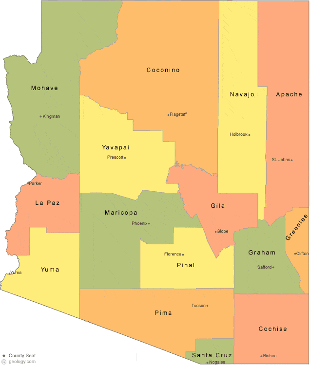 Arizona County Map with Administrative Cities