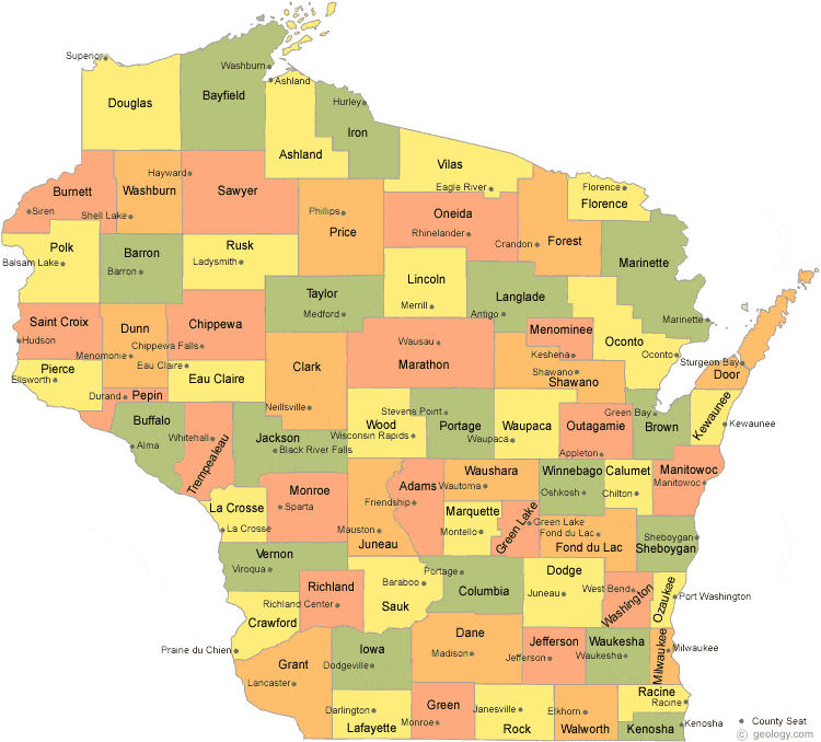 topographic maps of wisconsin. Map of Wisconsin Counties