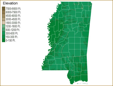 Mississippi elevation map