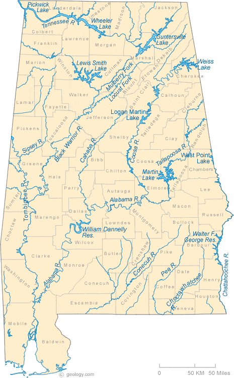 Map Of Alabama Lakes Streams And Rivers 3221