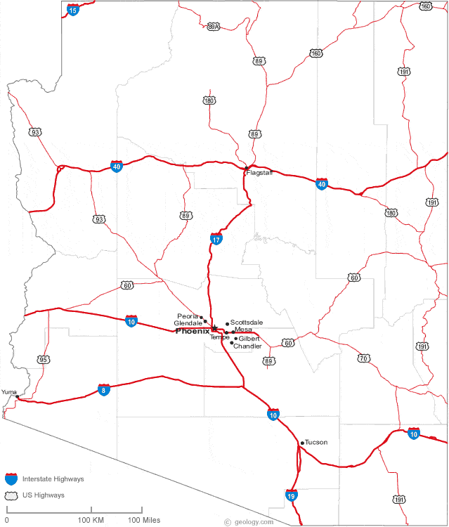This map shows many of Arizona's important cities and most important roads