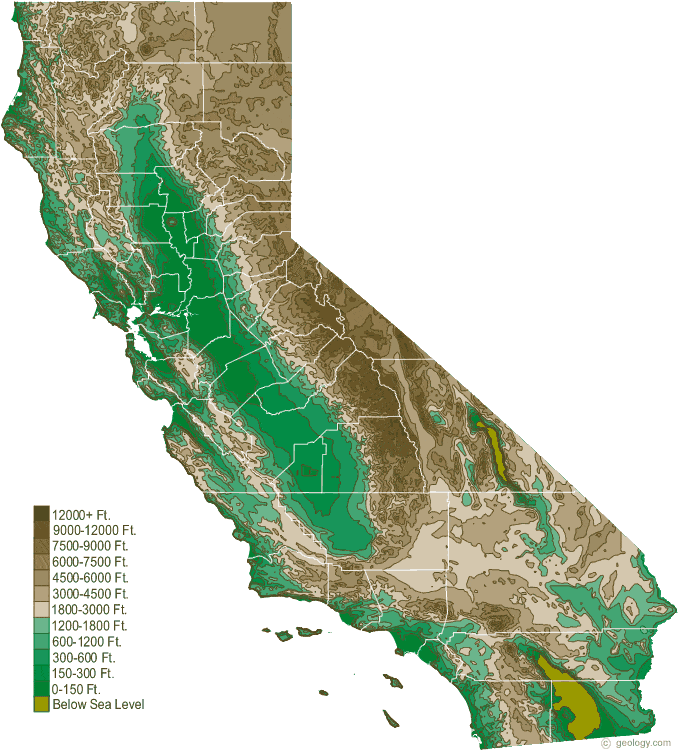 This is a generalized topographic map of California