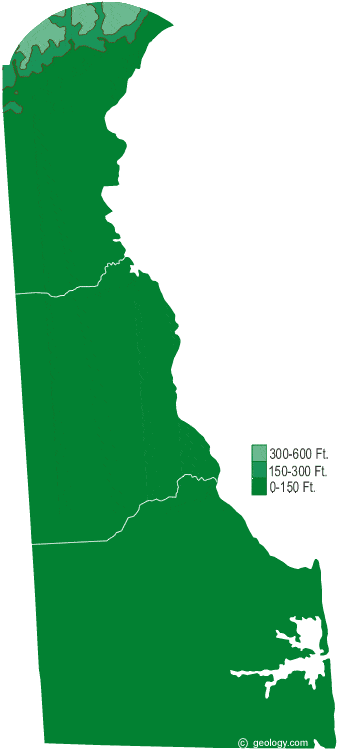 This is a generalized topographic map of Delaware. It shows elevation trends 