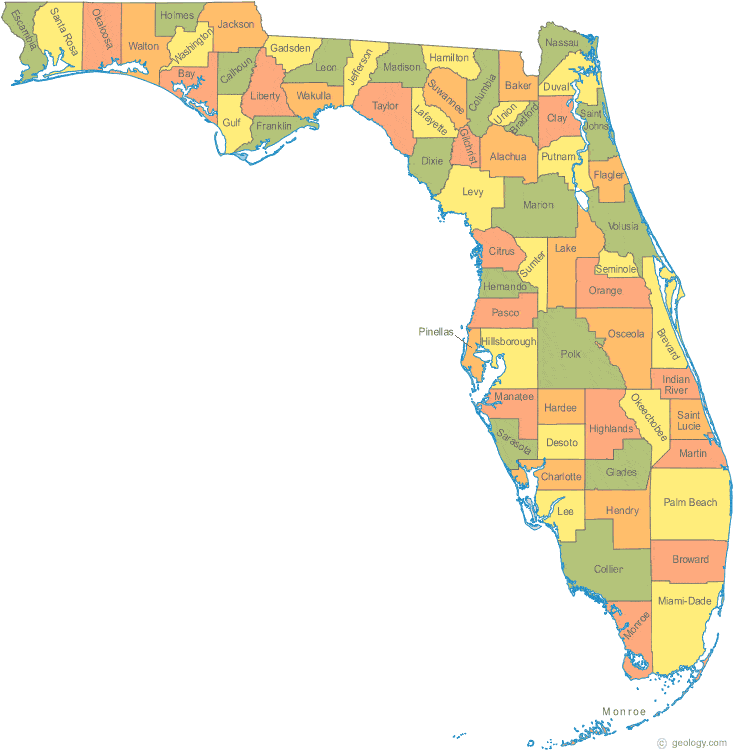 This map shows Florida's 67 counties. Also available is a detailed Florida