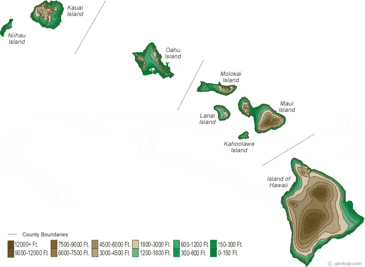 This is a generalized topographic map of Hawaii. It shows elevation trends 