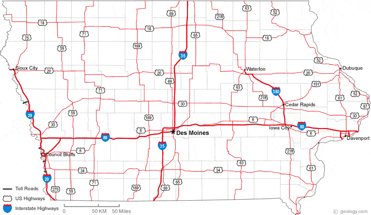 This map shows many of Iowa's important cities and most important roads