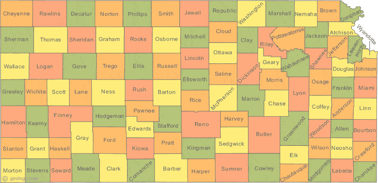 This map shows Kansas's 105 counties.