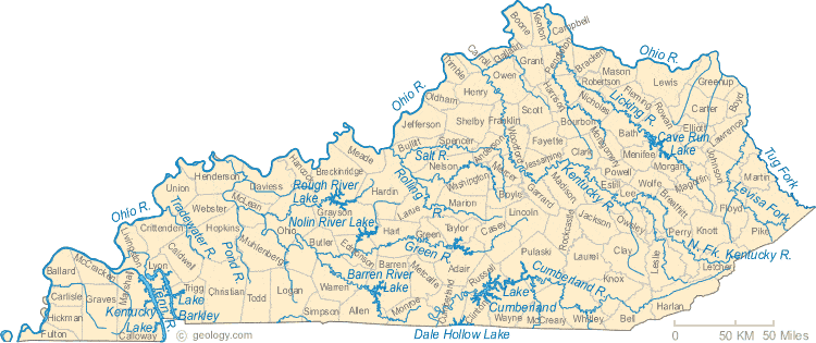 KENTUCKY State Map - Cities, Roads, Counties, Rivers, Lakes, Topo