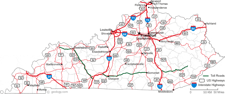 This map shows many of Kentucky's important cities and most important roads