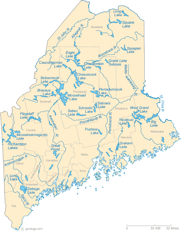 Map Of Maine Cities. Maine Lakes and Rivers Map