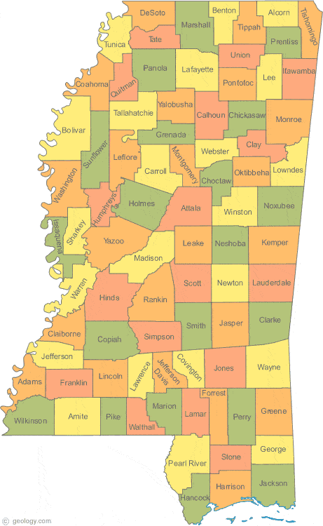 What are some important locations on a map of Mississippi?