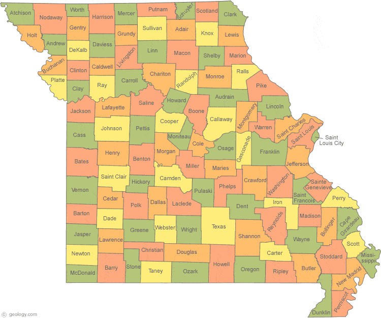 This map shows Missouri's 115 counties. Also available is a detailed