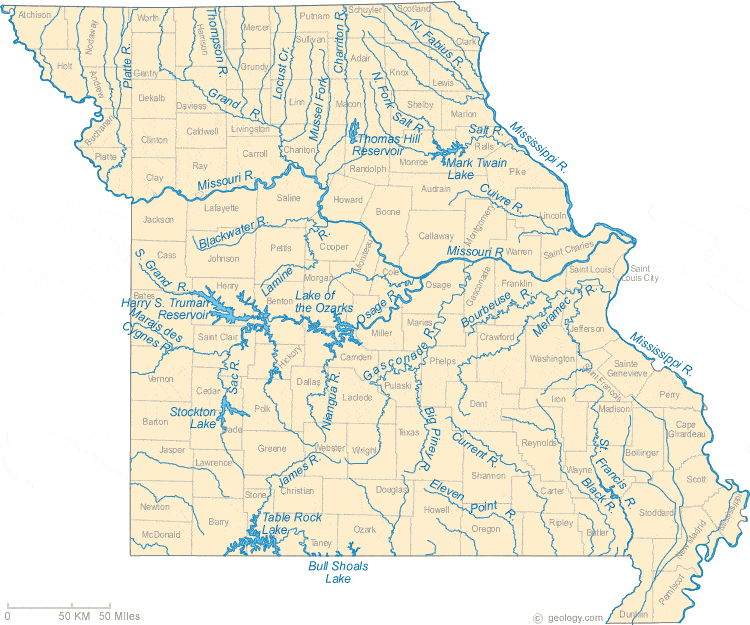 missouri river map. Missouri Lakes and Rivers Map