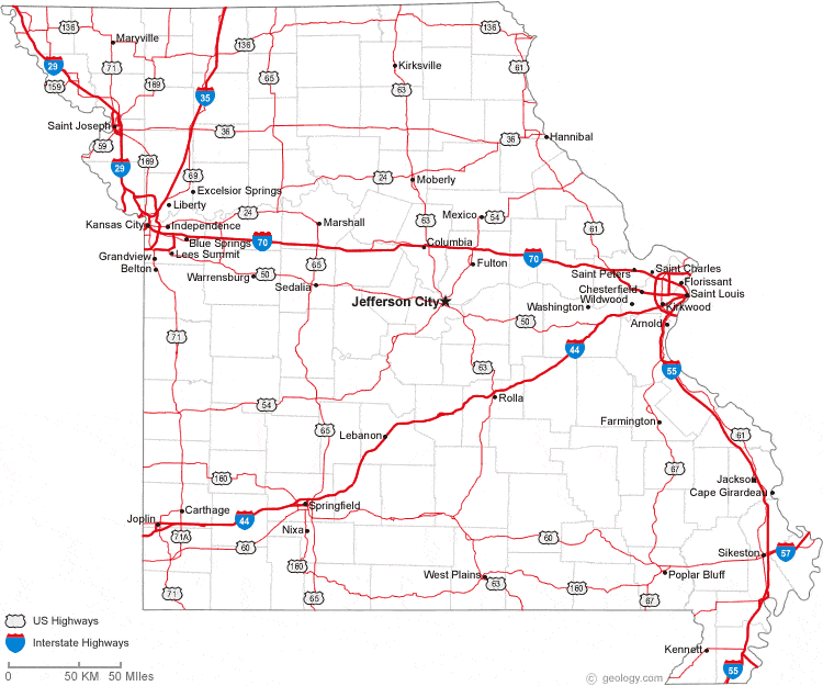This map shows many of Missouri's important cities and most important roads