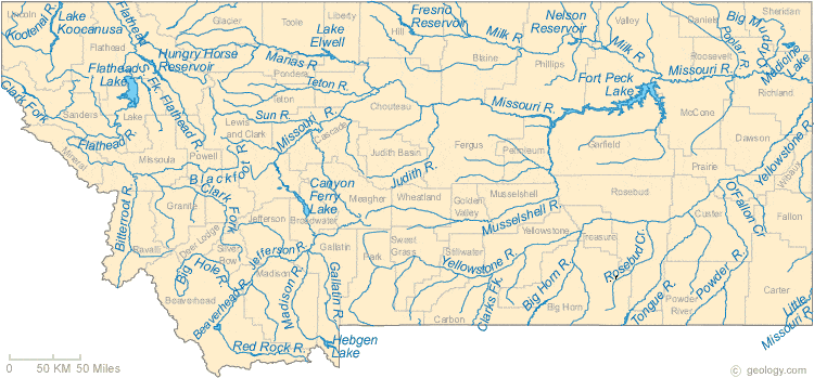 missouri river montana map. Montana Lakes and Rivers Map