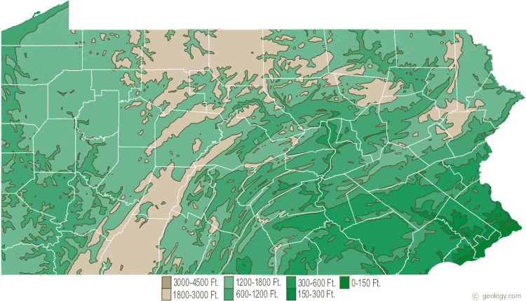 This is a generalized topographic map of Pennsylvania.