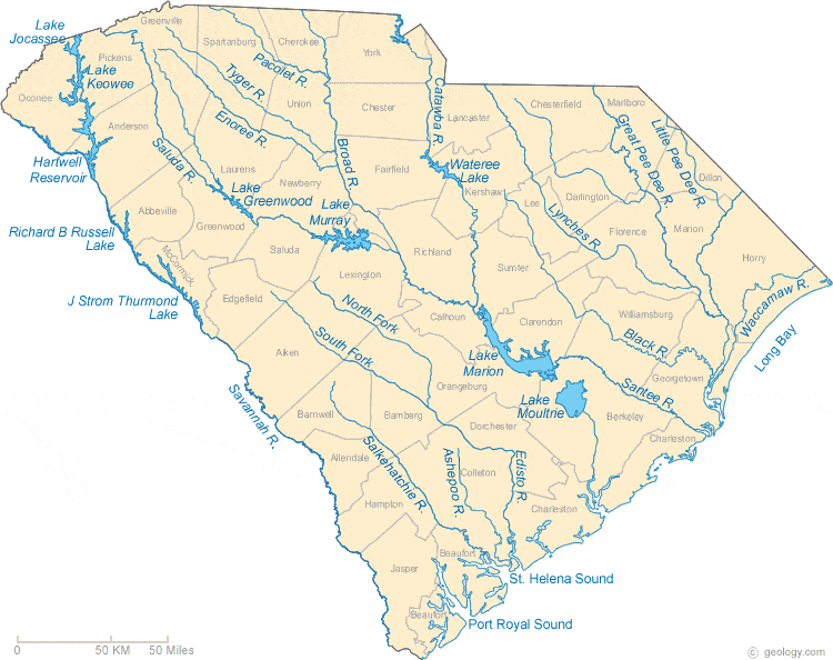Map Of South Carolina Lakes Streams And Rivers