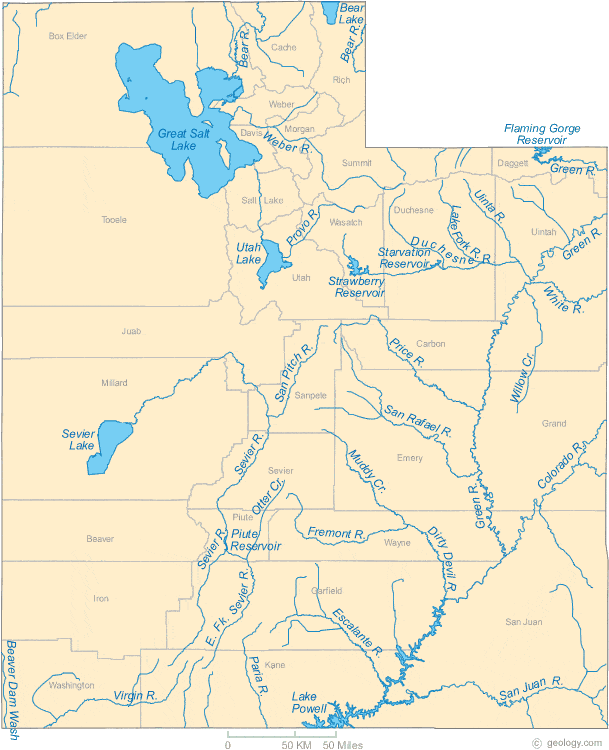 Map of Utah Lakes, Streams and Rivers