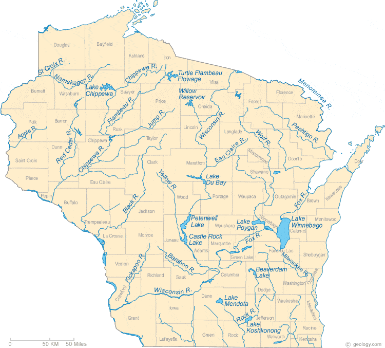 Map Of Wisconsin Lakes Streams And Rivers 9213