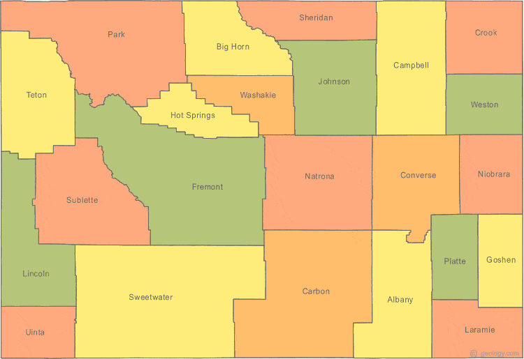 This map shows Wyoming's 23 counties. Also available is a detailed Wyoming