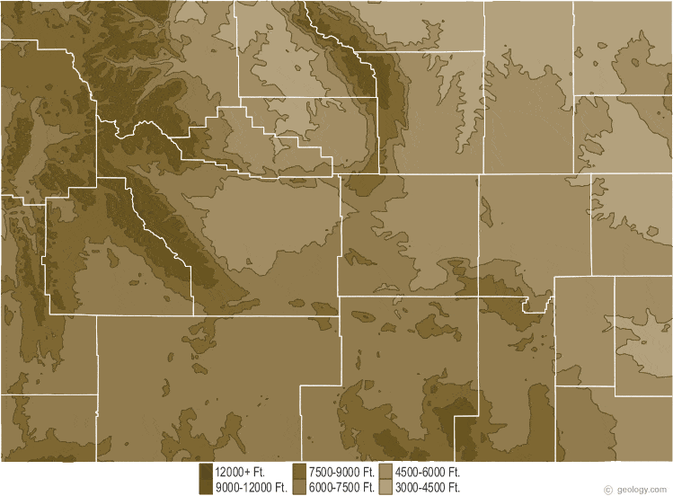 This is a generalized topographic map of Wyoming. It shows elevation trends 