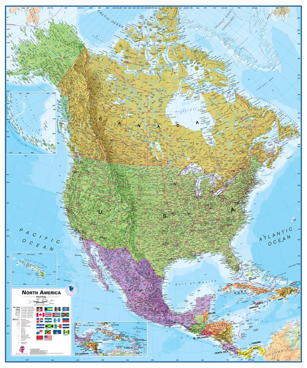 Wall Map Of North America Large Laminated Political Map