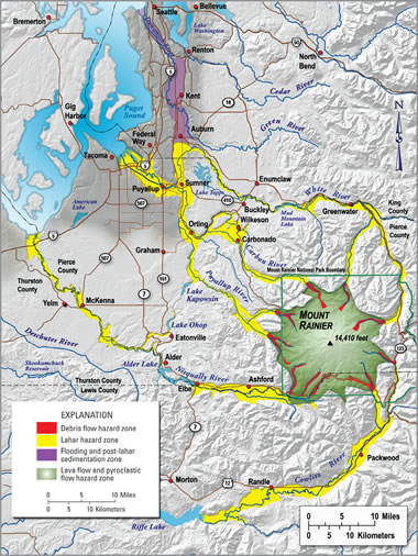 Mount Rainier lahar and flows map 