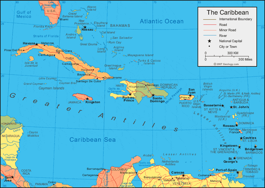 map of caribbean islands bearing