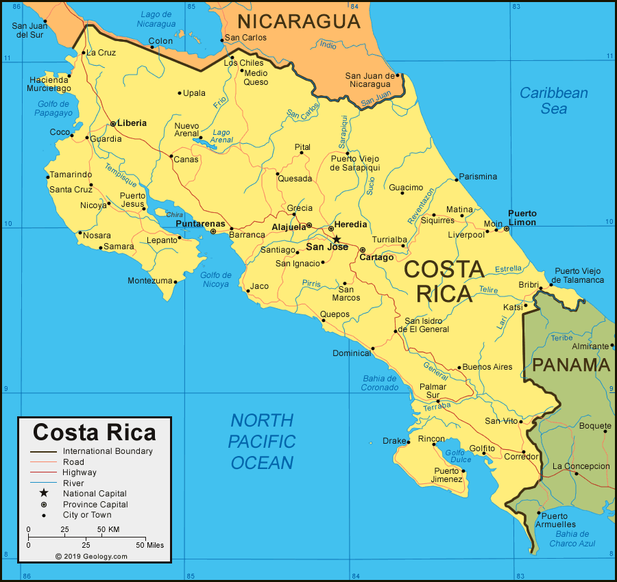 Costa Rica Map - Costa Rica Satellite Image - Physical - Political