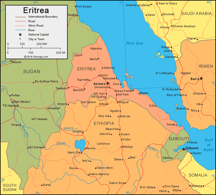 Eritrea Map - Eritrea Satellite Image - Physical - Political