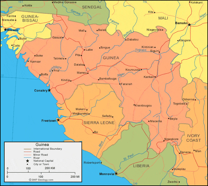 Guinea Map - Guinea Satellite Image - Physical - Political