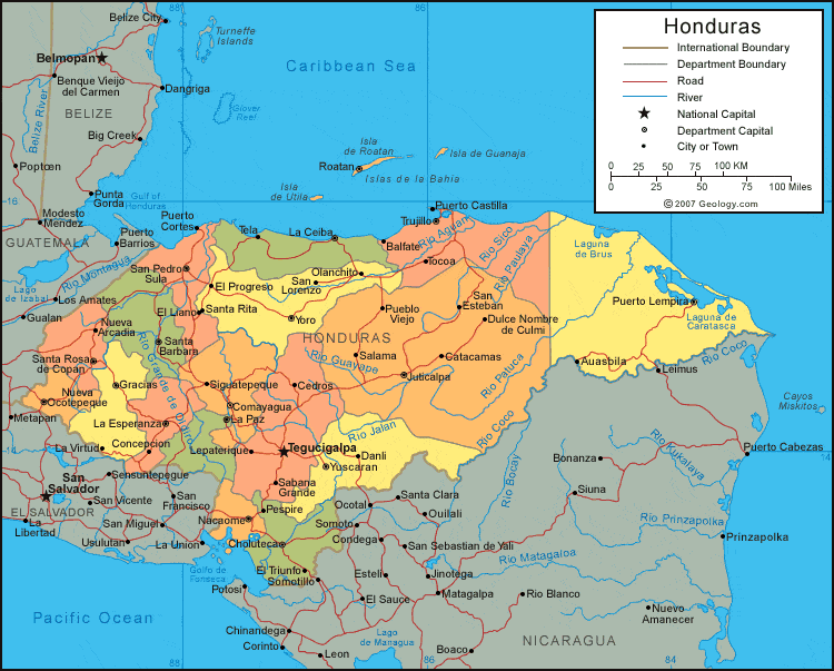 Honduras Map - Honduras Satellite Image - Physical - Political