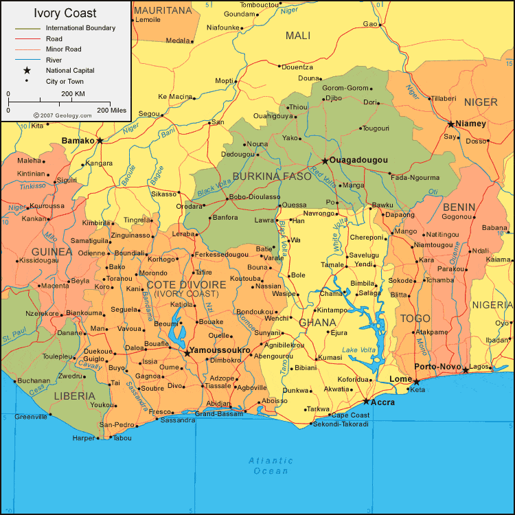 Ivory Coast Map and Satellite Image
