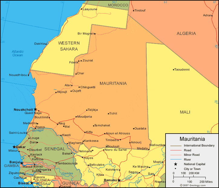MAURITANIA Map - MAURITANIA Satellite Image - Physical - Political