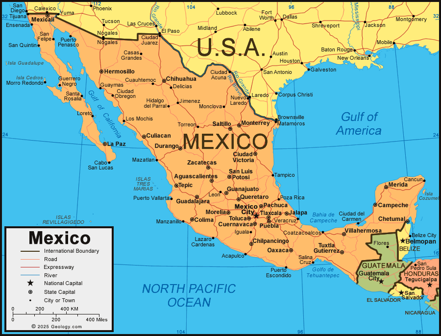 physical maps of mexico. Mexico political map