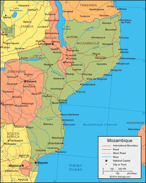 MOZAMBIQUE Map - MOZAMBIQUE Satellite Image - Physical - Political