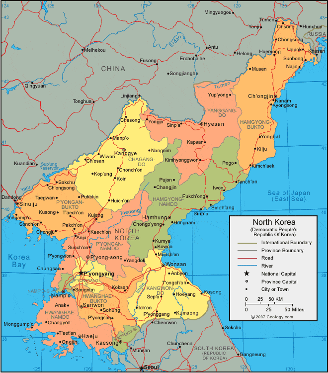 NORTH KOREA Map - NORTH KOREA Satellite Image - Physical - Political