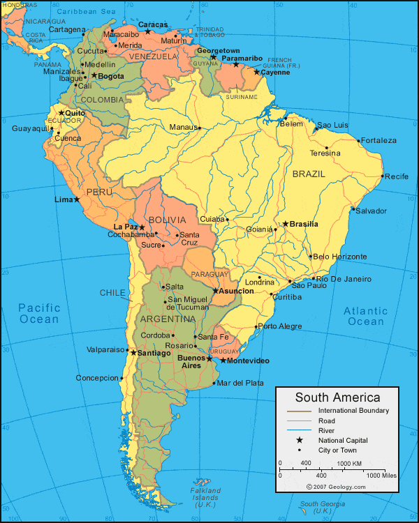 Physical Map of South America - South America Political Map | Geology.com