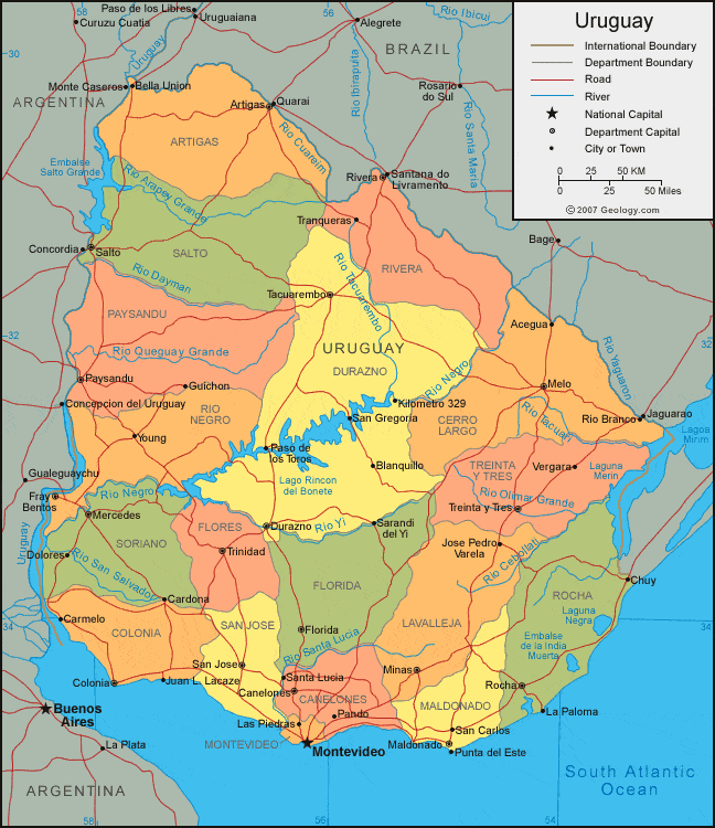 Uruguay Map - Uruguay Satellite Image - Physical - Political