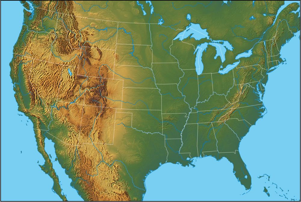 Physical Map Of The United States Of America