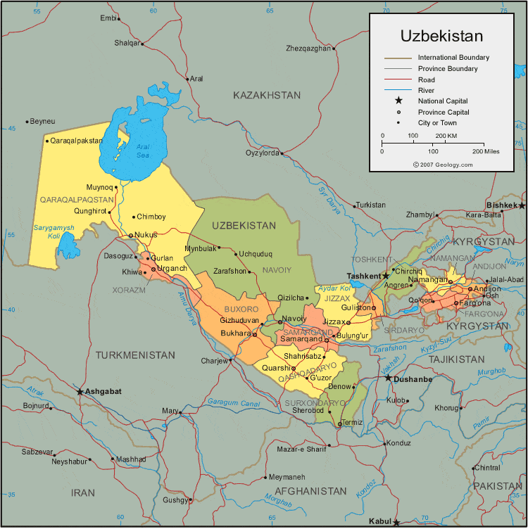 Uzbekistan Map - Uzbekistan Satellite Image - Physical - Political