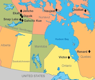 map of Canada's diamond mines