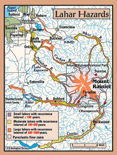 Map of lahar hazards near Mount Rainier