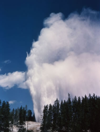 Гейзер Стимбоат: Фотография извержения гейзера Стимбоат в Йеллоустонском национальном парке в 1961 году. Фотография Э. Макина, Служба национальных парков.