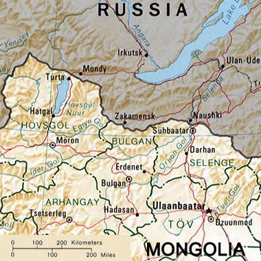 map showing the Selenga River's course through parts of Mongolia and Russia