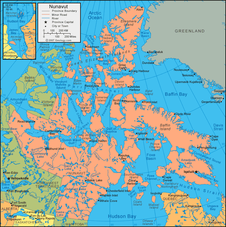 Nunavut Map Satellite Image Roads Lakes Rivers Cities   Nunavut Map 