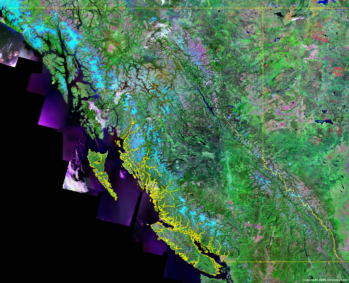 British Columbia Map Satellite Image Roads Lakes